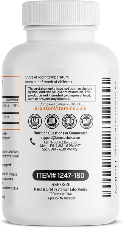 Bronson Vitamin K2 (MK7) with D3 Lower Dose 45mcg Vitamin K2 & 1000 IU Vitamin D3 Easy to Swallow Daily Maintenance 2 in 1 Formula Non-GMO, 180 Mini Tablets