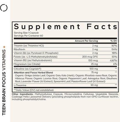 Codeage Teen Brain Focus Vitamins+ Citicoline Cognizin, L-Theanine, Ginkgo, Rhodiola, Lavender, Magnesium, Vitamin B6, B12, Folate - 2-Month Supply - 12-18 Years - Liposomal Supplement - 60 Capsules