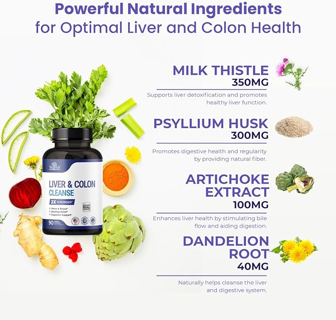 Liver Detox & Colon Cleanse - 2X Stronger - Liver Cleanse Detox & Repair - Colon Cleanser & Detox - Premium Milk Thistle Supplement - Men & Women - Vegan 90 Capsules