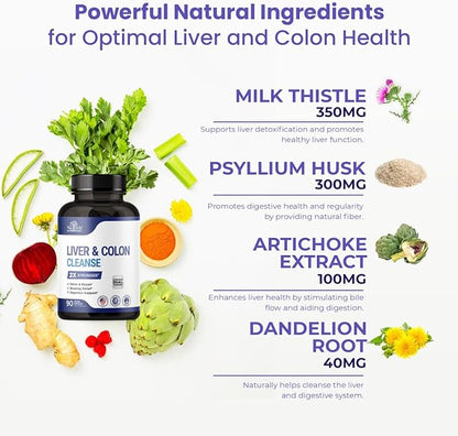 Liver Detox & Colon Cleanse - 2X Stronger - Liver Cleanse Detox & Repair - Colon Cleanser & Detox - Premium Milk Thistle Supplement - Men & Women - Vegan 90 Capsules