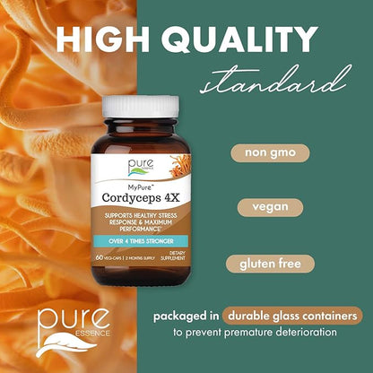 PURE ESSENCE LABS MyPure Cordyceps 4X Mushrooms - Concentrated Cordyceps Mushroom Powder Supplements for Immune System, Stress Response, Physical & Mental Performance - 2 Months Supply