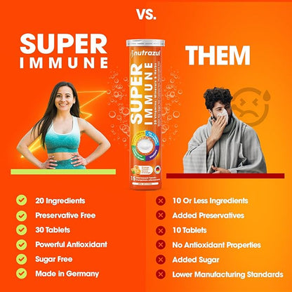 nutrazul Super Immune Effervescent Tablets | Maintains Immune Function & Antioxidant Support | 20 Vitamins, Minerals and Herbs | Orange Flavour | 30 Tablets
