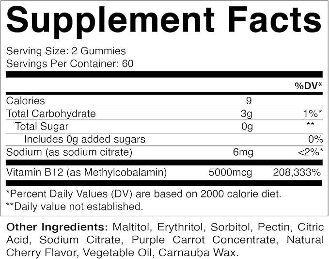 Vitamatic 2 Packs Extra Strength Vitamin B12 5000 mcg (Methyl B12) Gummies - 120 Count - Energy Metabolism Support and Nervous System Health Support, Natural Cherry Flavored