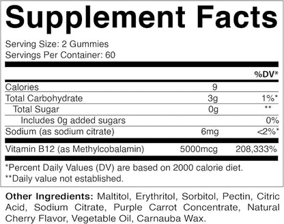 Vitamatic 2 Packs Extra Strength Vitamin B12 5000 mcg (Methyl B12) Gummies - 120 Count - Energy Metabolism Support and Nervous System Health Support, Natural Cherry Flavored
