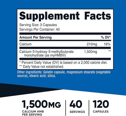 Nutricost myHMB Capsules 1,500MG Calcium HMB Per Serving, 120 Capsules, 40 Servings - Performance Line, Calcium B-Hydroxy B-Methylbutyrate Monohydrate