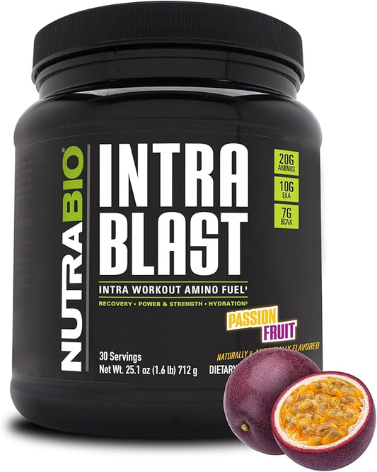 NutraBio Intra Blast Bcaa Powder Amino Acid Supplement, Electrolyte & Hydration Blend, Intra, Pre Workout & Muscle Recovery, 20g Eaa Amino Acids Powder, 5g Glutamine- Passion Fruit, 30 Serving