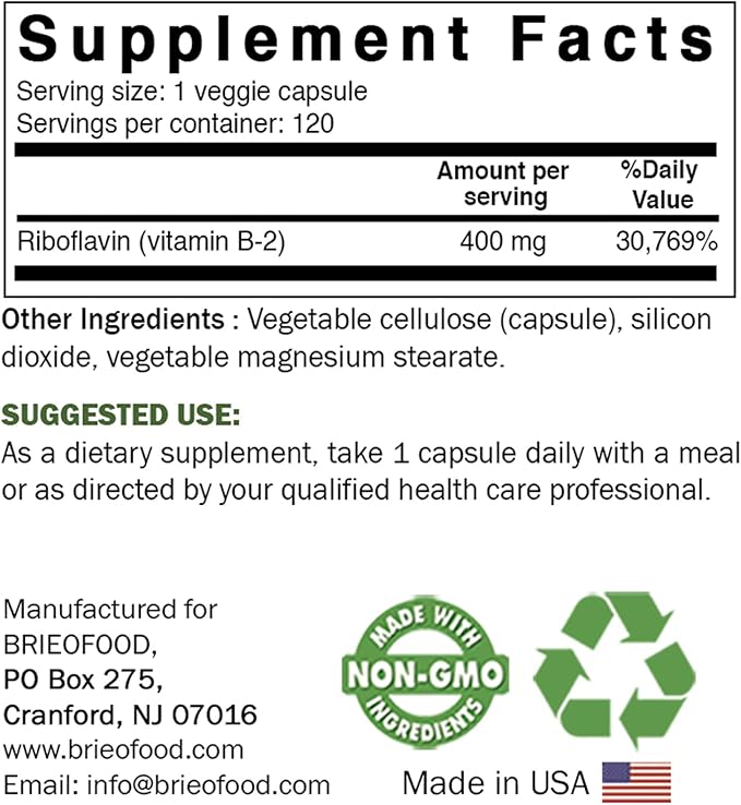 Brieofood Vitamin B2 (Riboflavin) 400mg, 120 Veggie Capsules - Gluten Free, Non-GMO