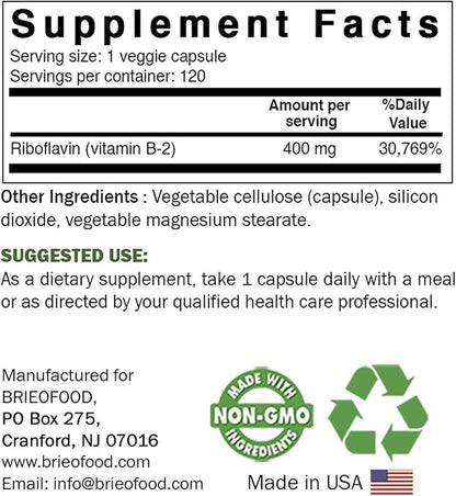 Brieofood Vitamin B2 (Riboflavin) 400mg, 120 Veggie Capsules - Gluten Free, Non-GMO