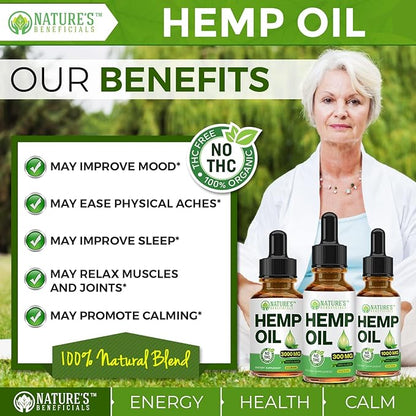 Nature's Beneficials Organic Hemp Oil Extract Drops, 2000mg - Omega Fatty Acids 3 6 9, Non-GMO Ultra-Pure CO2 Extracted, 2 oz