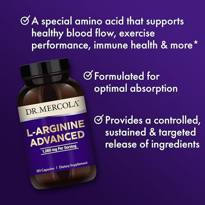 Dr. Mercola L-Arginine Advanced, 30 Servings (90 Capsules), 1,000 mg Per Serving, Dietary Supplement, Supports Energy Production, Non-GMO