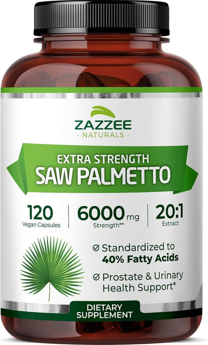 Zazzee Extra Strength Saw Palmetto 20:1 Extract, 6000 mg Strength, 40% Fatty Acids, 120 Vegan Capsules, 4 Month Supply, Concentrated and Standardized 20X Extract, Non-GMO, All-Natural, Made in the USA