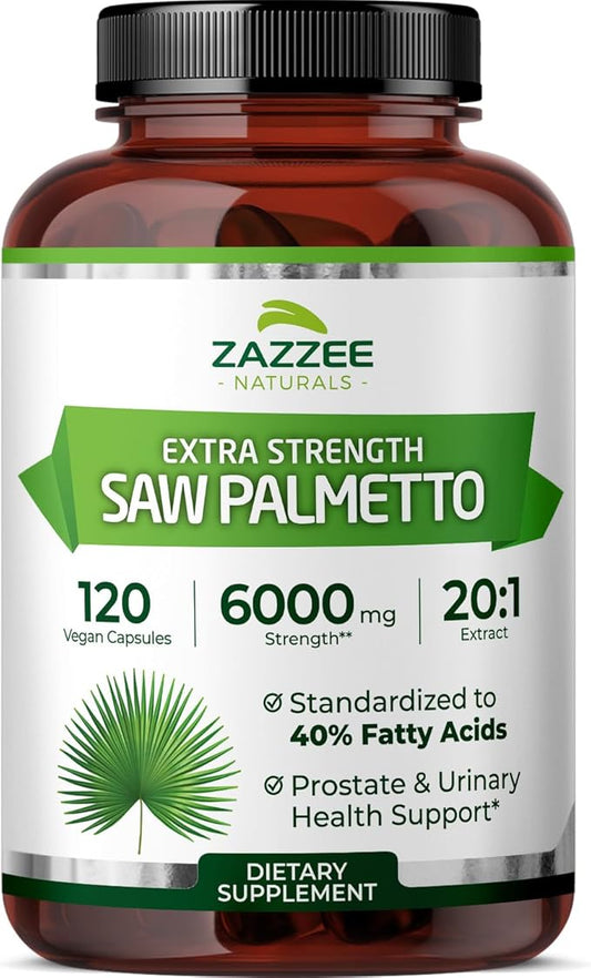 Zazzee Extra Strength Saw Palmetto 20:1 Extract, 6000 mg Strength, 40% Fatty Acids, 120 Vegan Capsules, 4 Month Supply, Concentrated and Standardized 20X Extract, Non-GMO, All-Natural, Made in the USA