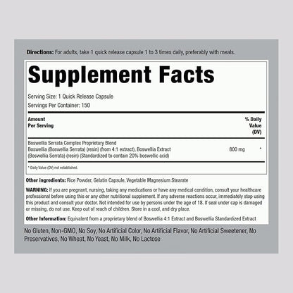 Piping Rock Boswellia Serrata Extract Capsules | 800mg | 150 Count | with Boswellic Acid | Non-GMO, Gluten Free Supplement