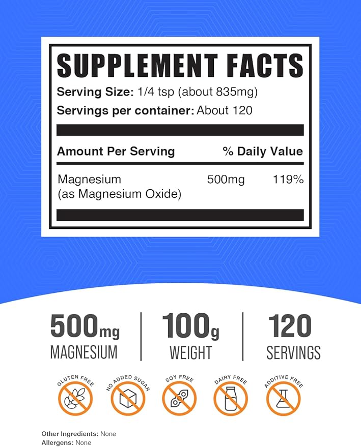 BulkSupplements.com Magnesium Oxide Powder - Magnesium Oxide Supplement, Magnesium Oxide 500mg - Gluten Free, 835mg (500mg of Magnesium) per Serving, 100g (3.5 oz) (Pack of 1)