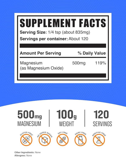 BulkSupplements.com Magnesium Oxide Powder - Magnesium Oxide Supplement, Magnesium Oxide 500mg - Gluten Free, 835mg (500mg of Magnesium) per Serving, 100g (3.5 oz) (Pack of 1)