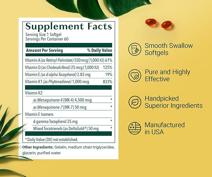 ALGAECAL 4-in-1 Vitamin D3 K2 Complete - ADK Vitamin Supplement, Enhanced Immune Support & Bone Health with D3 K2, A, & E - Whole Body Wellness & Bone Strength, 60 Easy-Swallow Softgels