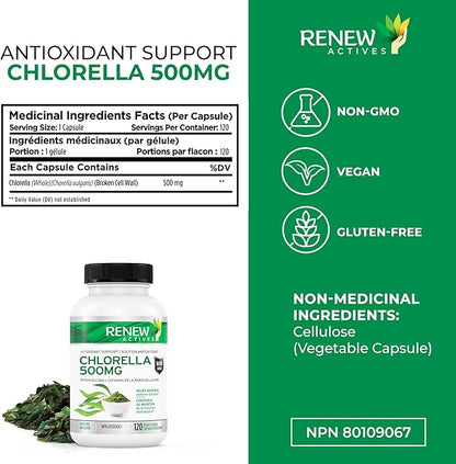 Renew Actives Chlorella Capsules 500mg - Rich in Antioxidants & Nutrients - Natural Source for Cellular Health, Vitality, & Wellness - Made in Canada - 120 Easy-to-Swallow Vegan Capsules