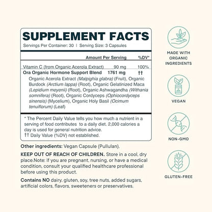 Ora Organic Natural Hormone Balance Supplement & Hormonal Acne Relief for Women - Support Skin, Mood, Energy, PMS & Menopause - Ashwagandha, Maca, Burdock Root, Cordyceps & VIT C - 90 Capsules