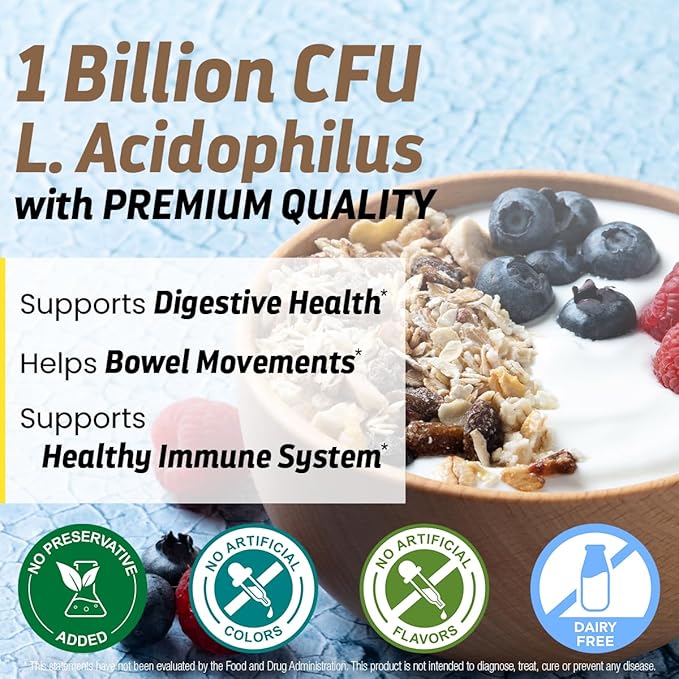 Lactobacillus Acidophilus 1B CFU, Probiotics for Digestive Health - Supports Digestive Health, Immune Function, and Overall Gut Health - 120 Veggie Capsules, Made in The USA