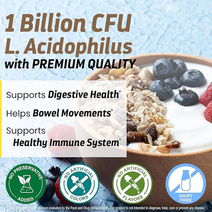 Lactobacillus Acidophilus 1B CFU, Probiotics for Digestive Health - Supports Digestive Health, Immune Function, and Overall Gut Health - 120 Veggie Capsules, Made in The USA