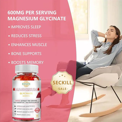 Magnesium Glycinate Gummies 600mg : Sugar-free Gummy Bears With Magnesium, Vitamin D, B6, and CoQ10 for Calm Support & Sleep for Adults & Kids,L-Threonate Multivitamin,Raspberry Flavor 60Count