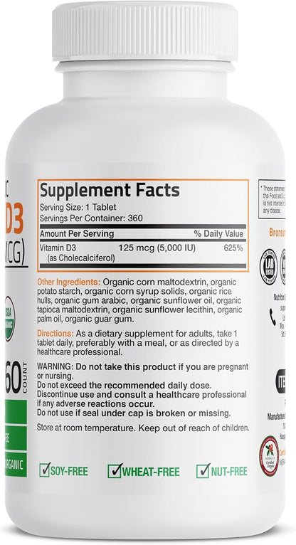 Bronson Vitamin D3 5,000 IU (1 Year Supply) for Immune Support, Healthy Muscle Function & Bone Health, High Potency Organic Non-GMO Vitamin D Supplement, 360 Tablets