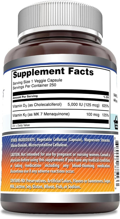 Amazing Formulas Vitamin D3 5000 IU with Vitamin K2 100 Mcg| 250 Veggie Capsules | D3 + K2 Complex | Non-GMO | Gluten Free | Made in USA