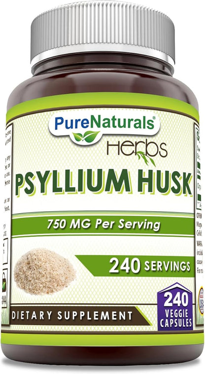 Pure Naturals Psyllium Husk Supplement | 750 Mg Per Serving | 240 Veggie Capsules | Non-GMO | Gluten-Free | Made in USA