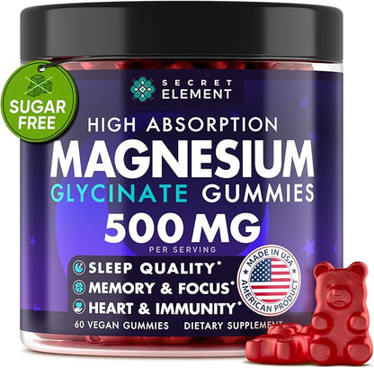 Magnesium Glycinate 500MG Gummies, High Absorption Supplement with Ashwagandha, Beet Root, Vitamin B6, Turmeric & Zinc, Sugar-Free, Vegan, Chews for Men & Women, 60 Gummies, Cherry Flavor