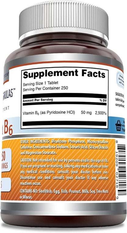 Amazing Formulas Vitamin B6 Pyridoxine 50mg 250 Tablets Supplement | Non GMO | Gluten Free | Made in USA