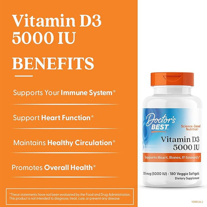 Doctor's Best Vitamin D3 5000 IU, Supports Heart, Bones, & Immunity, Non-GMO, Gluten Free, Soy Free, Vegetarian 180 Veggie Softgels
