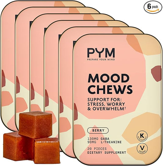 PYM Berry Mood Chews Support for Stress, Worry & Overwhelm, 120 Count | 130mg GABA, 90mg L-Theanine | Vegan, Non-GMO, Gluten-Free, No Added Sugar | All-Natural Mood Balance Supplement Made in USA