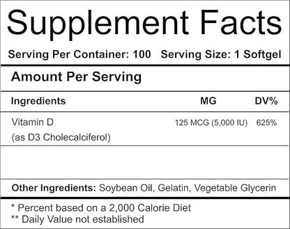 GMU SPORT Vitamin D3 5000 IU Softgels - Vitamin D Supplements for Bone Health, Strength, Muscle, Teeth and Immune Support - High Potency Vitamin D 5000 IU - Vitamin D3 125 Mcg - 100 Softgels