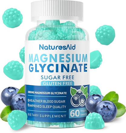 Magnesium Glycinate Gummies 1000mg - Sugar Free Magnesium Potassium Supplement with Vitamin D, B6, CoQ10 for Calm Mood & Sleep Support - 60 Blueberry Gummies -1 Pack
