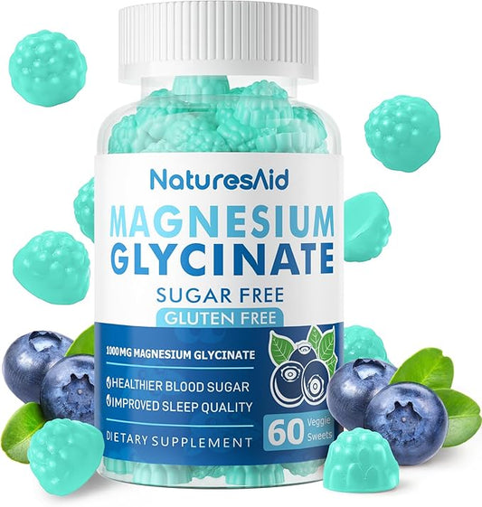 Magnesium Glycinate Gummies 1000mg - Sugar Free Magnesium Potassium Supplement with Vitamin D, B6, CoQ10 for Calm Mood & Sleep Support - 60 Blueberry Gummies -1 Pack