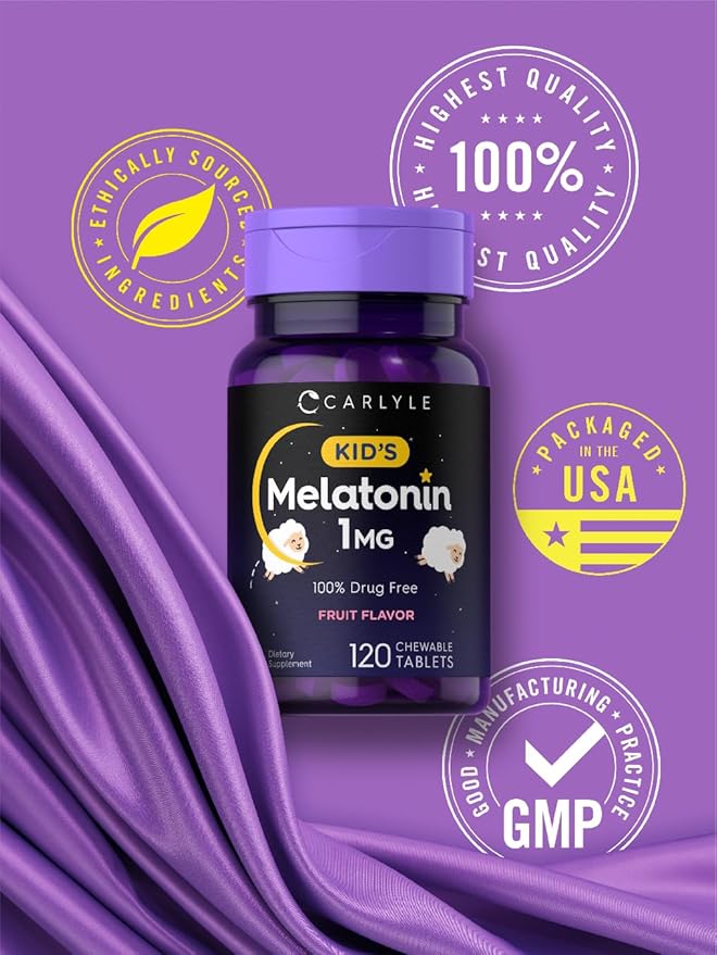Carlyle Kids Melatonin 1mg | 120 Chewable Tablets | Fruit Flavor | Vegetarian Supplement | Non-GMO, Gluten Free Formula