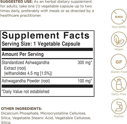 SOLGAR Ashwagandha Root Extract - 60 Vegetable Capsules - Standardized Full Potency (SFP) - Non-GMO, Vegan, Gluten & Dairy Free, Kosher - 60 Servings