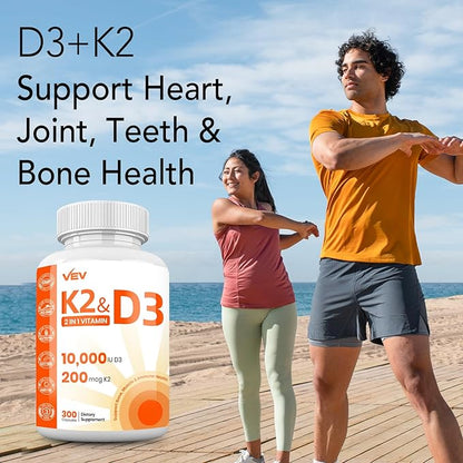 VEV Vitamin D3 K2, 10,000 IU D3, 200mcg K2 (with MK7), Supports Bone and Teeth Health, Dual Nutrient Support for Daily Wellness, Easy to Swallow (Packaging May Vary) – 300 Capsules
