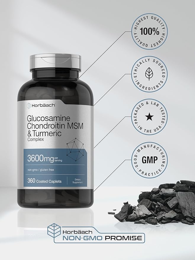 Horbäach Glucosamine Chondroitin MSM | 3600 mg | 360 Caplets | Advanced Formula with Turmeric | Non-GMO, Gluten Free