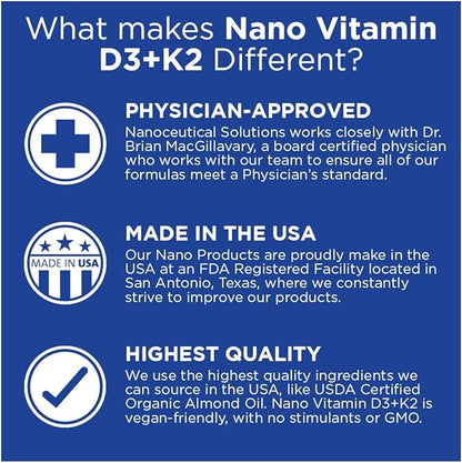 Nano Vitamin D3+K2 Nanosized Liquid Particles | Rapid Absorption | 5000 IU Potent Formulation - 1Fl Oz | Non-GMO, Gluten Free | Supports Bone, Joint, Heart & Immune Health