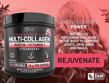 Premium Multi Collagen Peptides Protein Powder (1, 2, 3, 5 & 10) with Vitamin C, Biotin, Hyaluronic Acid, for Hair Skin and Nails - Marine, Bovine, Chicken & Eggshell (Strawberry, 45 Servings)
