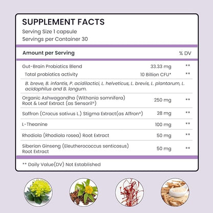UpNourish Organic Ashwagandha Saffron Supplements with Probiotics - Stress Relief, Mood Enhancer, Calm Happy Pills Support Fatigue Focus Clarity with L-Theanine, Rhodiola, 30 Vegan Capsules