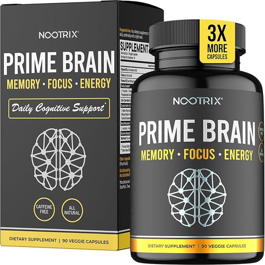 Prime Brain Nootropic Supplement | Supports Memory, Mental Focus, Cognitive Health & Energy | Promotes Healthy Mood & Brain Function | Ginkgo Biloba, Lion's Mane & L Theanine | 90 Capsules