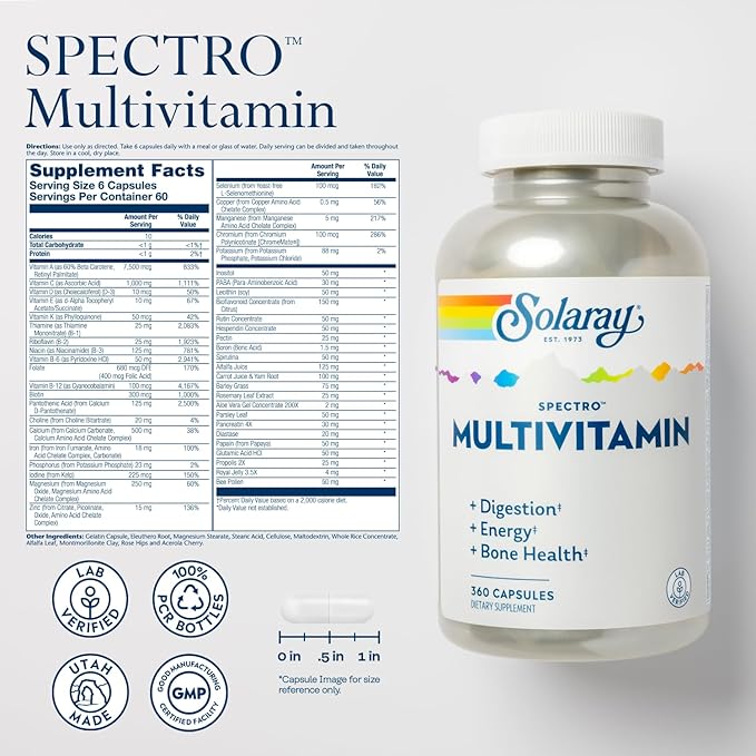 SOLARAY Spectro Multivitamin with Iron - Multi Vitamin with Calcium, Magnesium, Energizing Greens, Herbs & Digestive Enzymes - Digestion, Energy, and Bone Health Support (60 Servings, 360 Capsules)