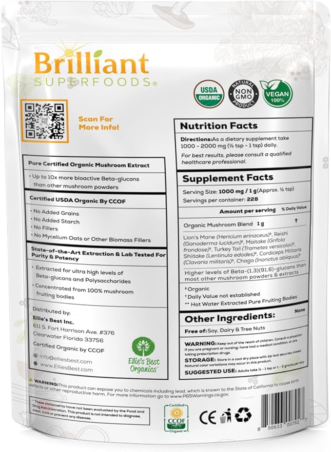 Ellie's Best 7 Mushroom Powder Extract Organic Blend - Reishi, Lion's Mane, Chaga, Turkey Tail, Cordyceps, Maitake & Shiitake - Double Extracted - Pure No Fillers - 8oz / 228 1g Servings……