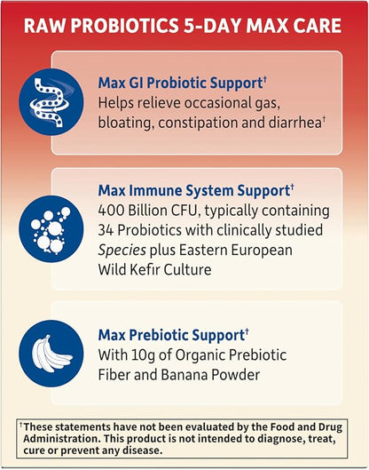 Garden of Life Organic Probiotic Powder for Women and Men - Raw Probiotics 5-Day Max Care 400 Billion CFU - 5-Day Support for Digestive and Immune Health - 2.4 oz Powder