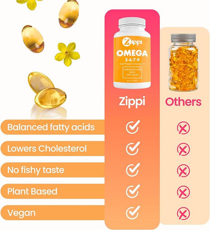 Zippi Omega 3-6-7-9 Camelina Softgels - Plant Based Omega 3-6-7-9 Fatty Acid Supplement. Helps to Support Brain, Liver, Cardiovascular, Immunity and Joint Function