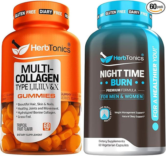 Herbtonics Multi Collagen Gummies Type 1,2,3,5 & 10 with Biotin for Hair Growth, Skin, Nails - Night Time Weight Supplement with Melatonin to Support Sleep & Metabolism | Melatonin for Women and Men