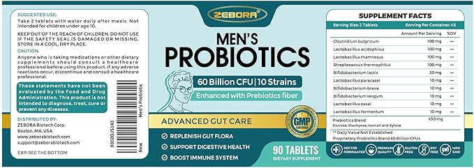 ZEBORA Probiotics for Men and Prebiotics for Digestive Health, 90 Tablets, 60 Billion CFUs for Immune and Gut Health, 10 Strains, Hypoallergenic Probiotics, Shelf Stable, Gluten & Soy Free