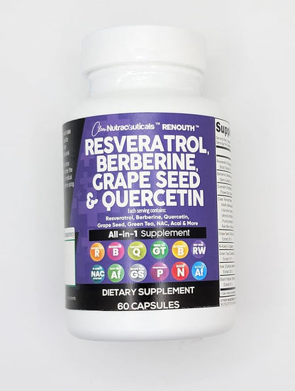 Clean Resveratrol Supplement | Berberine Grape Seed Extract Quercetin Green Tea Extract Acai Noni Polyphenol Supplement for Women & Men Anti Aging N-Acetyl Cysteine NAD Booster